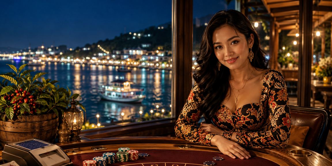 Pemain VIP menikmati permainan baccarat di lounge casino mewah dengan suasana lampu romantis