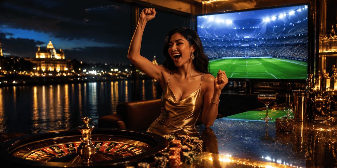 Model Vietnam berpose di meja roulette kasino dengan suasana mewah dan penuh warna